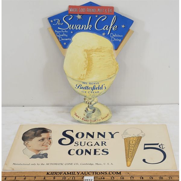 LOT OF 2 - ICECREAM PAPER & SST SIGNS - INCL THE SWANK CAFE, ETC.