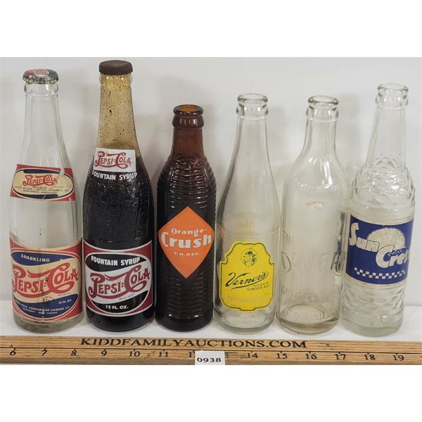 LOT OF 6 - BEVERAGE BOTTLES - INCL PEPSI-COLA, SUNCREST, DAVERN GINGER ALE, ETC