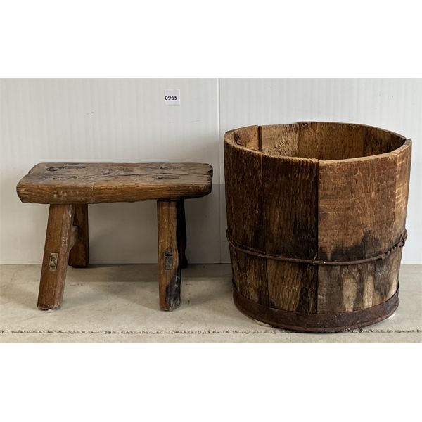 LOT OF 2 - WOODEN STOOL & BUCKET