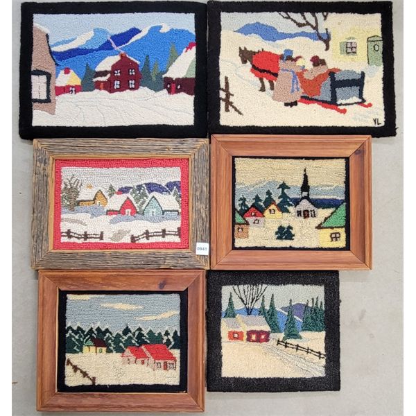 LOT OF 6 - RUG HOOKING SAMPLE BOARDS - INCL WINTER & BARN SCENES