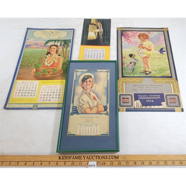 LOT OF 4 - 1934, 1936, 1937 & 1947 CALENDARS - INCL POWDER PUFF BEAUTY SHOP, ETC