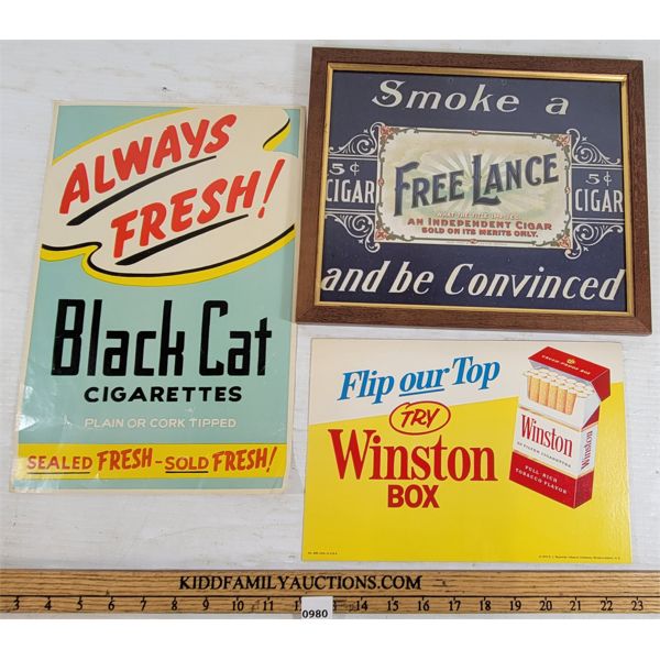 LOT OF 3 - PAPER CIGARETTE ADVERTISEMENTS - INCL BLACK CAT, WINSTON & FREE LANCE