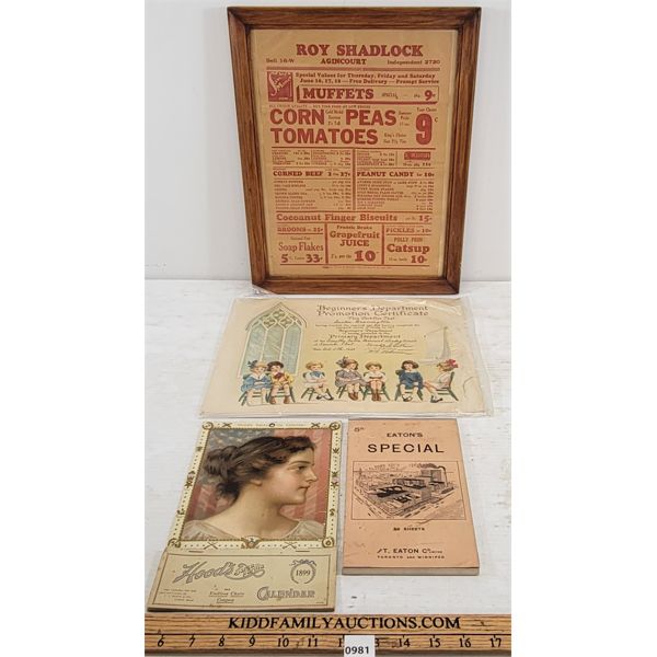 LOT OF 4 - EATON NOTEPAD, PROMOTION CERTIFICATE & 1899 HOOD'S CALENDAR