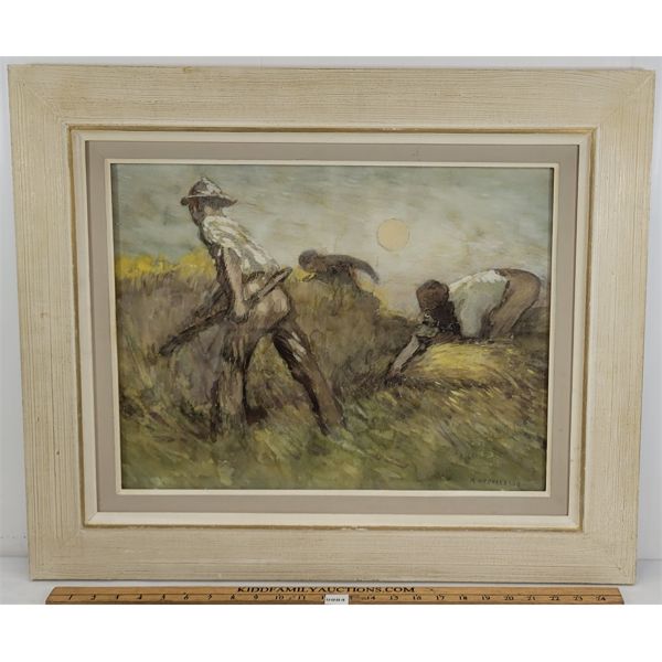 FARMING GRAIN SCENE BY M. ORCHARDSON - FRAMED WATERCOLOUR ON CANVAS BOARD