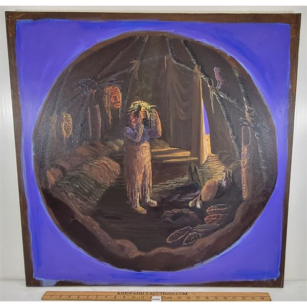 INDIGENOUS MASKING SCENE BY UNKNOWN ARTIST - OIL ON CANVAS