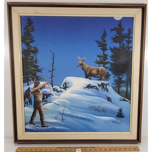 INDIGENOUS HUNTING SCENE BY ROBERT MADAHBEE - FRAMED OIL ON CANVAS
