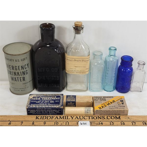 LOT OF 10 - MISC HOUSEHOLD PRODUCTS - INCL EMBOSSED COBALT BROMO-SELTZER, ETC. 