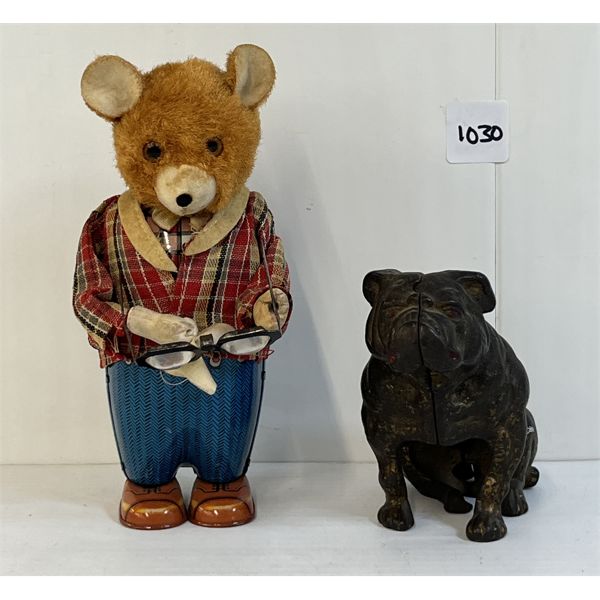 LOT OF 2 - CAST IRON DOG & WIND UP TIN BEAR