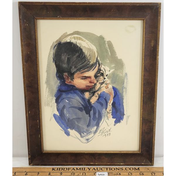 CHILD W/ KITTEN BY E. KISH - FRAMED WATERCOLOUR ON PAPER