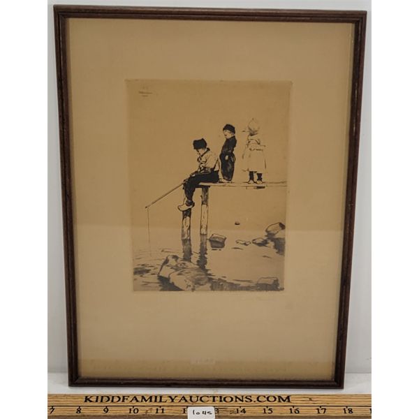 FISHING ON DOCK SCENE BY A.F. - FRAMED PRINT