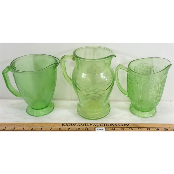 LOT OF 3 - GREEN DEPRESSION GLASS PITCHERS