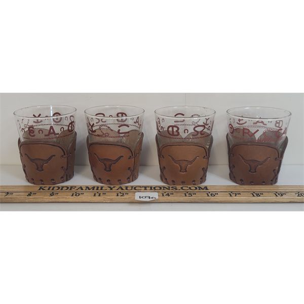 LOT OF 4 - TEXAS GLASSES W/ LEATHER COOZIES