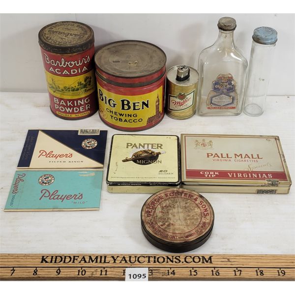 LOT OF 10 -MISC TINS & BOTTLES - INCL MILLER, BIG BEN TOBACOO ETC