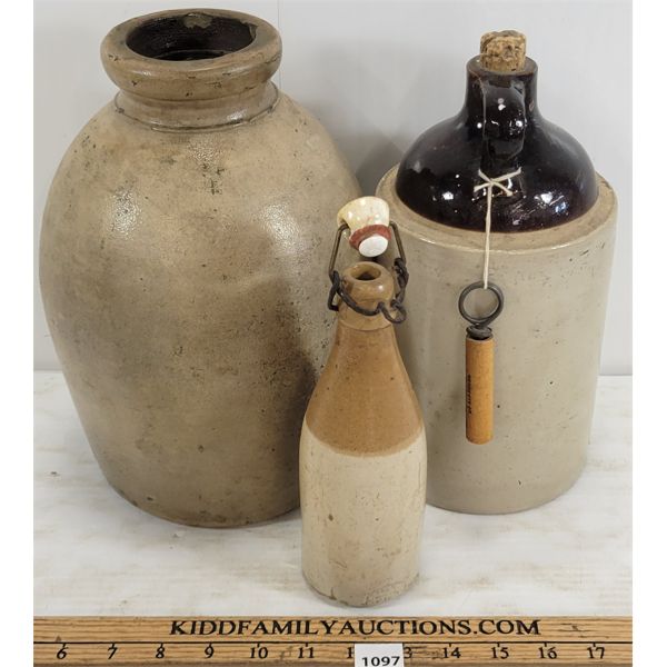LOT OF 3 - MERCHANT LIQUOR JUG, BOTTLE & CROCK