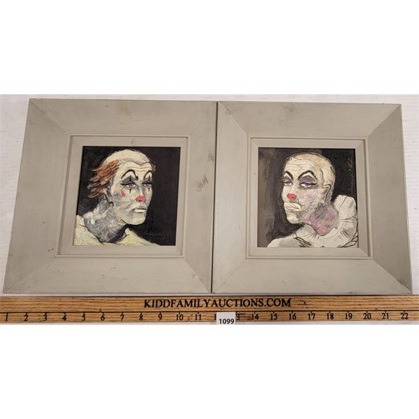 LOT OF 2 - CLOWN PORTRAITS BY F.A.(?) - FRAMED OIL ON BOARD