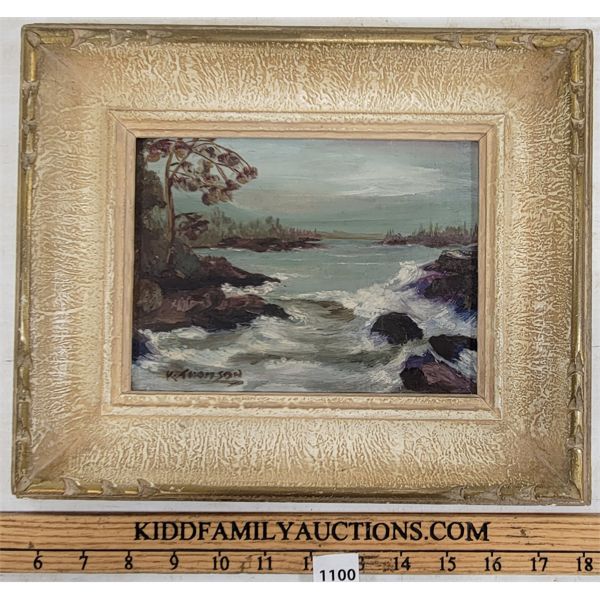 BAY SCENE BY K. THOMSON- FRAMED OIL ON CANVAS BOARD