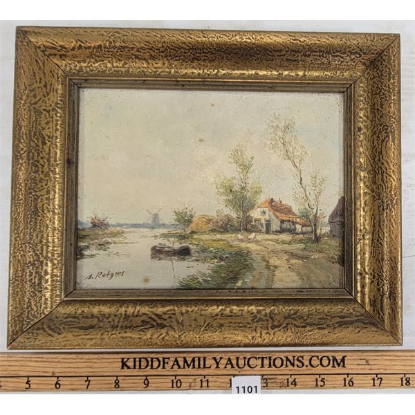 COUNTRY LANDSCAPE W/ WINDMILL BY A. RUTYITS - FRAMED OIL ON CANVAS 