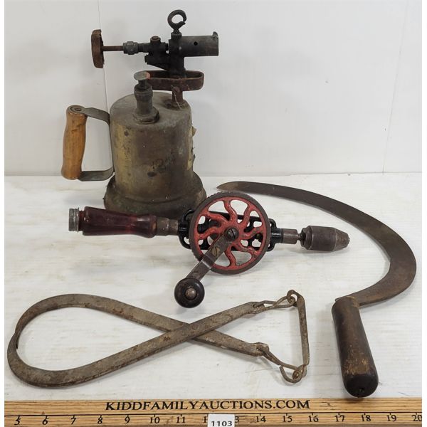 LOT OF 4 - PRIMITIVE TOOLS - INCL ICE TONGS, BLOW TORCH, ETC 