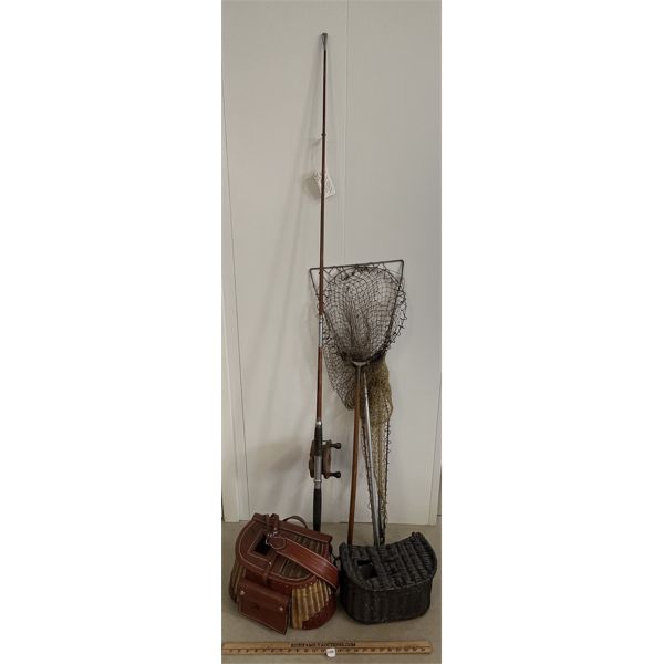 LOT OF 6 - FISHING NETS, WICKER CREELS & MAHOGANY/BRASS DEEP WATER ROD