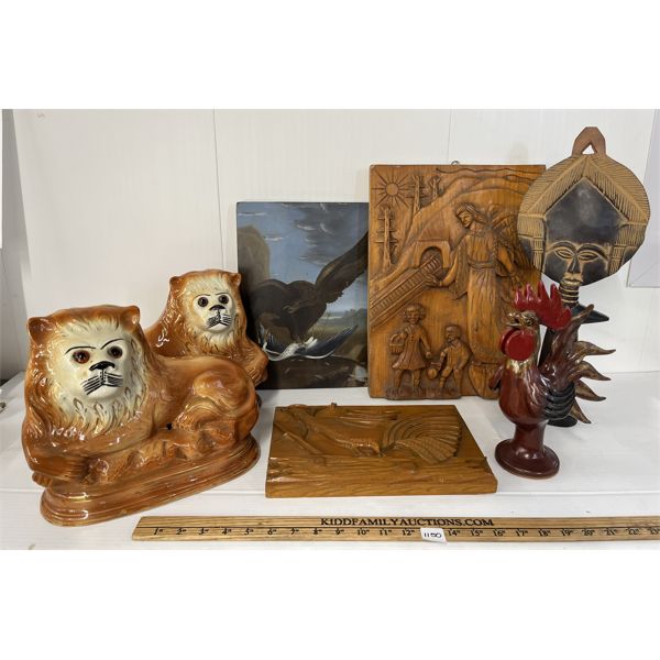LOT OF 7 - CERAMIC LION STATUES, AFRICAN FERTILITY WOOD CARVING, ROOSTER FIGUREINE, ETC
