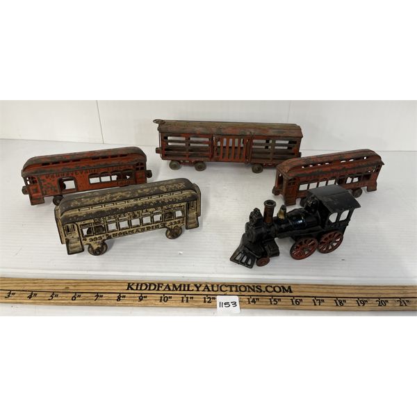 LOT OF 5 - CAST IRON TOY TRAINS - INCL PENNSYLVANIA R.R. CO, ETC