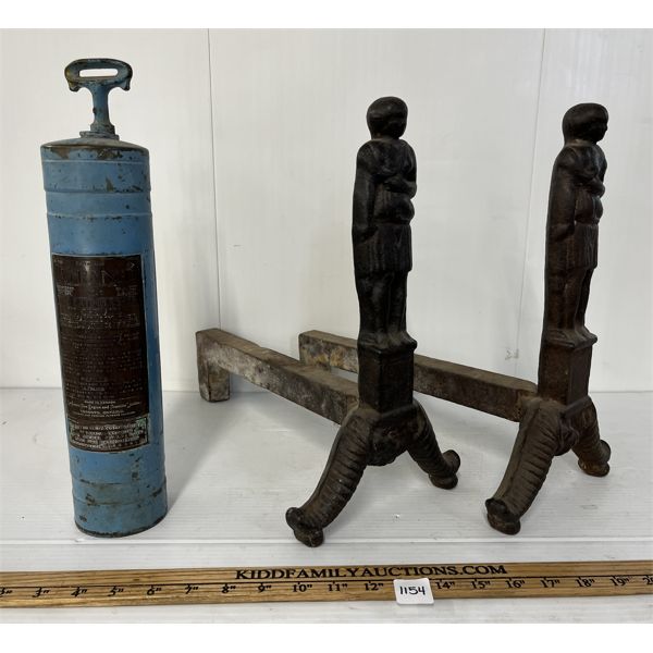 LOT OF 3 - LA FRANCE FIRE EXTINGUISHER  & CAST IRON ANCIENT ROMAN MOTIF ANDIRONS