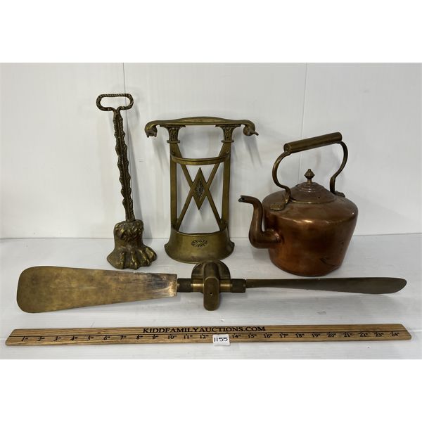 LOT OF 4 - BRASS PROPELLER, LION PAW DOOR STOPPER, COPPER KETTLE, ETC