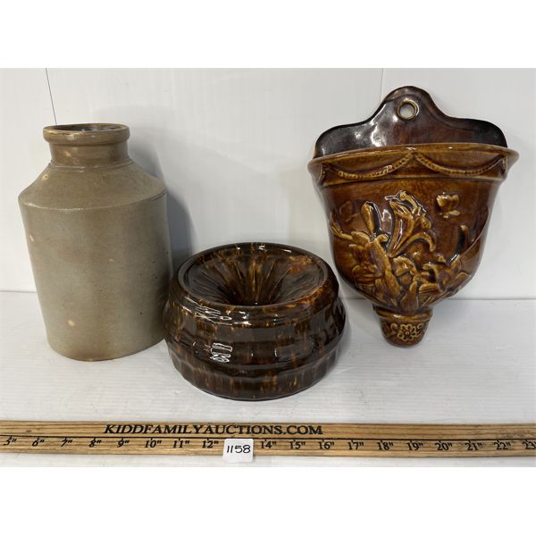 LOT OF 3 - GLAZED GLASS SPITTOON, WALL SCONCES & CROCK