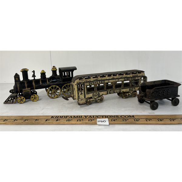 LOT OF 3 - CAST IRON LOCOMOTIVES & CARS - INCL OVERLAND LIMITED CO.