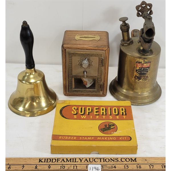 LOT OF 4 - BRASS BELL, BLOW TORCH, SUPERIOR SWIFT SET, ETC