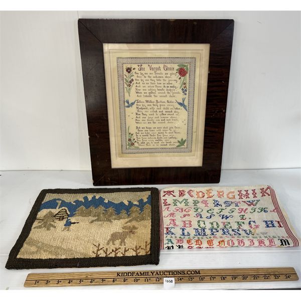 LOT OF 3 - CROSS STITCH SAMPLE ON LINEN, RUG HOOK HUNTING SCENE, ETC 