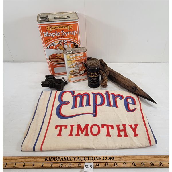 LOT OF 6 - MAPLE SYRUP CANS - EMPIRE SEED BAG, ETC.