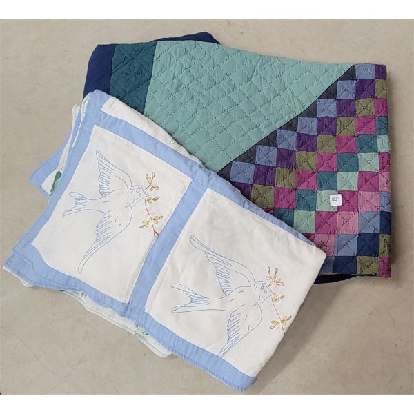 LOT OF 2 - HAND QUILTED "TRIP AROUND THE WORLD" BLANKET & COVERLET