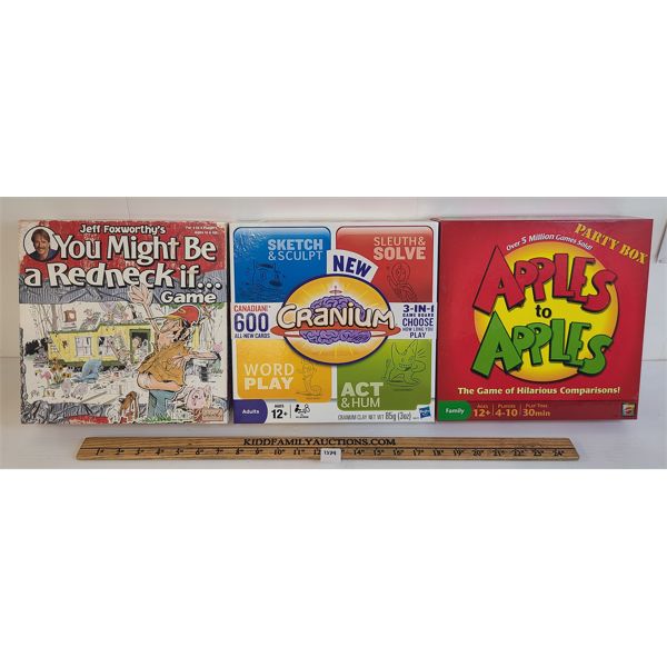 LOT OF 3 - BOARD GAMES - INCL APPLES TO APPLES, CRANIUM & YOU MIGHT BE  A REDNECK IF...