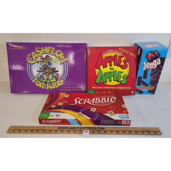 LOT OF 4 - BOARD GAMES - INCL SCRABBLE, DONKEY KONG JENGA, ETC 