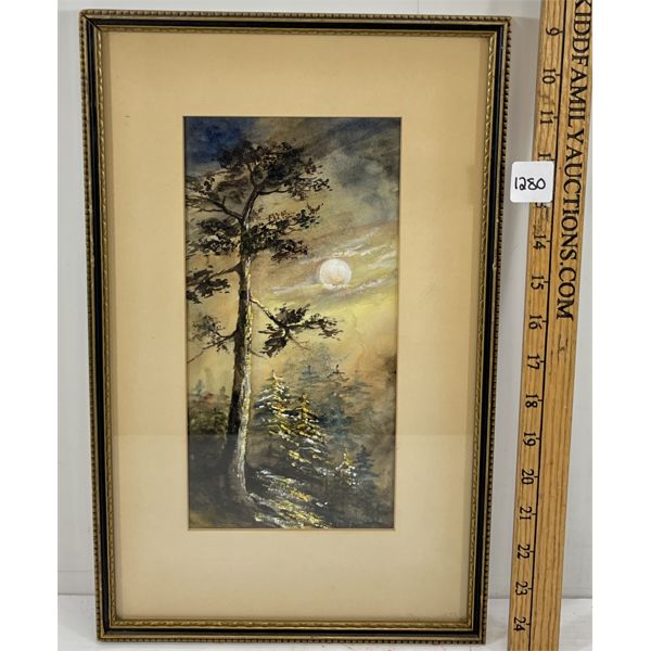 FALL NIGHT SCENE BY MARY BURNS (?) - FRAMED WATERCOLOUR & OIL