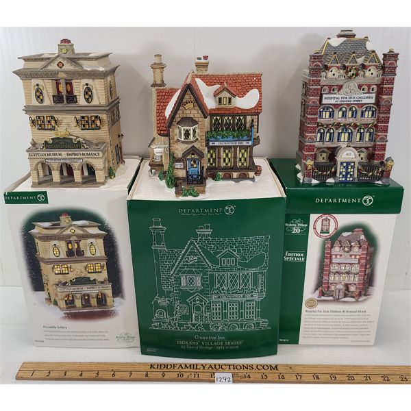 LOT OF 3 - DICKENS VILLAGE SERIEIS - CROWNTREE INN, PICCADILY GALLERY & HOSPITAL FOR SICK CHILDREN 