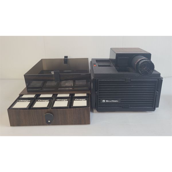 LOT OF 2 - BELL & HOWELL SLIDE CUBE PROJECTOR & OMEGA 16 CARTRIDGE LIBRARY - SEE ALL PICS