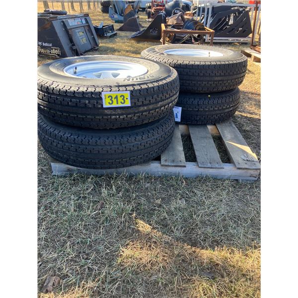 (So much each x 4). New STCI Durun trailer tires, ST 235/85R16 on 8-bolt rims.
