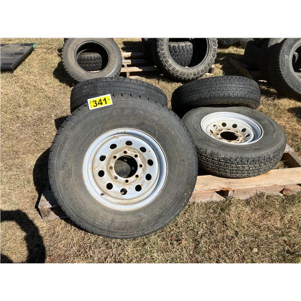 (Selling all together)  5- 16" tires. 8 hole trailer rims. Sells together.