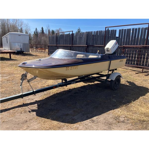 1973, 12 ft Tri Haul Equinox fiberglass boat c/w Johnson 40 HP motor (running), c/w calkins trailer,