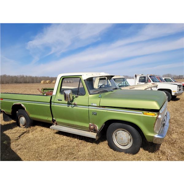 1976 FORD Green F150 V8 Automatic 97661M showing, has keys, needs a few tires, has rust SN. F15YCB81