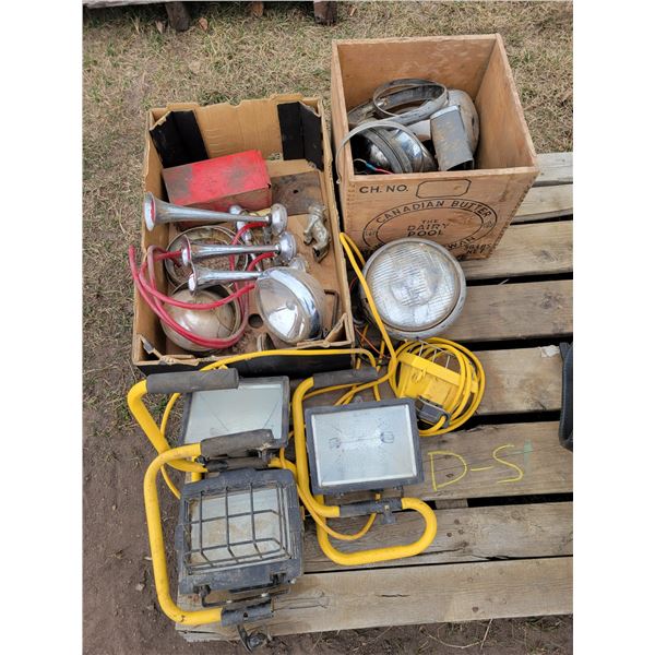 Various old headlights, air horn, 4-spot lights