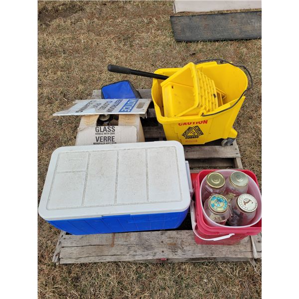 Mop pail, qty of jars & 3- coolers