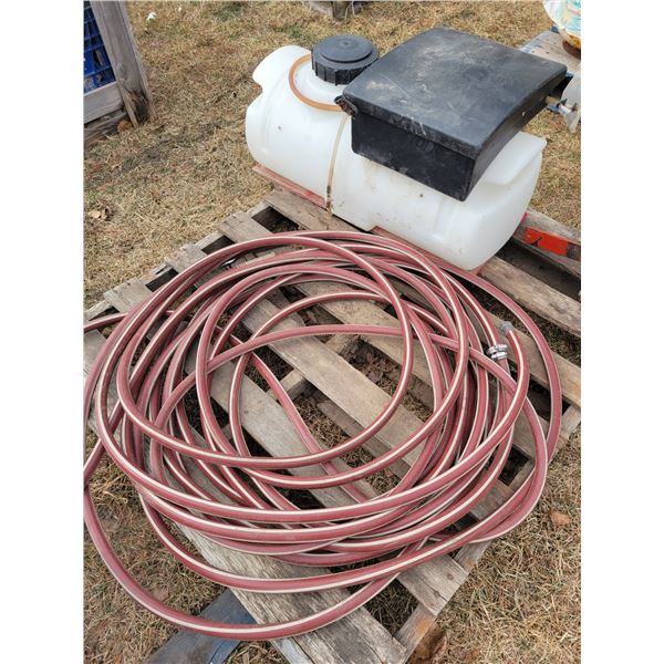 Approx. 14-gal sprayer tank (new) & roll of good brown garden hose