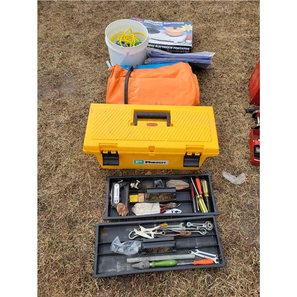 2- tarps (As New), bungee cords, elec. Portable heater, yellow toolbox c/w contents