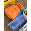 Image 5 : 2- tarps (As New), bungee cords, elec. Portable heater, yellow toolbox c/w contents
