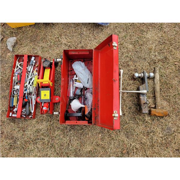 2- Ton floor jack, red toolbox c/w tools, 3/8 air gun, trailer hitch, hammer & tire wrench