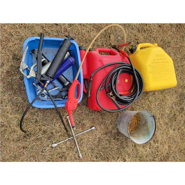 2- Jerry cans, 4- grease guns, booster cables & tire wrench