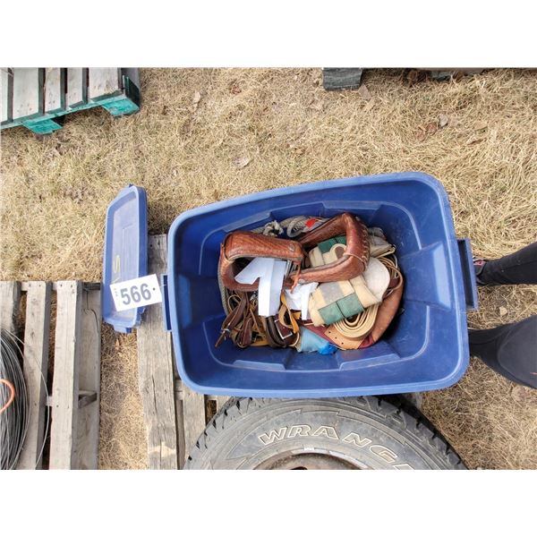 Tub of reins, stirrups, leads,leather works etc